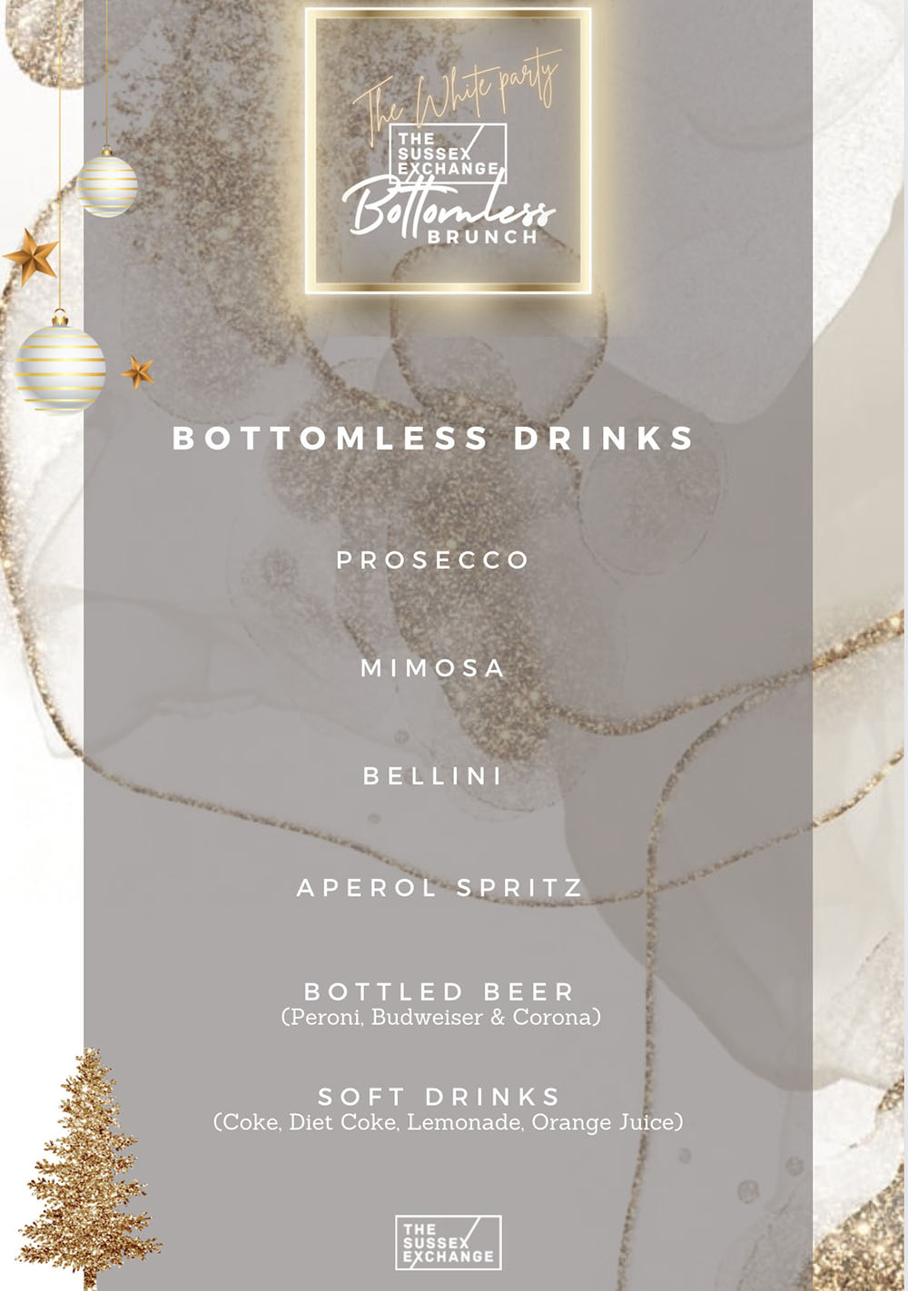 White Party Bottomless Brunch drinks Menu